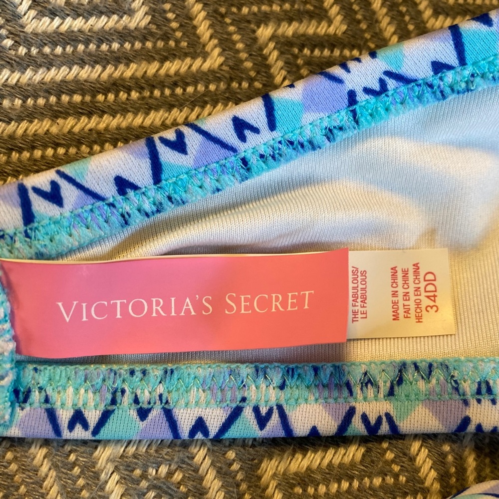 VS Bikini Swim Top Blue Aqua Unique Back Tassels Adjustable Push Up Padded 34DD - Picture 5 of 6